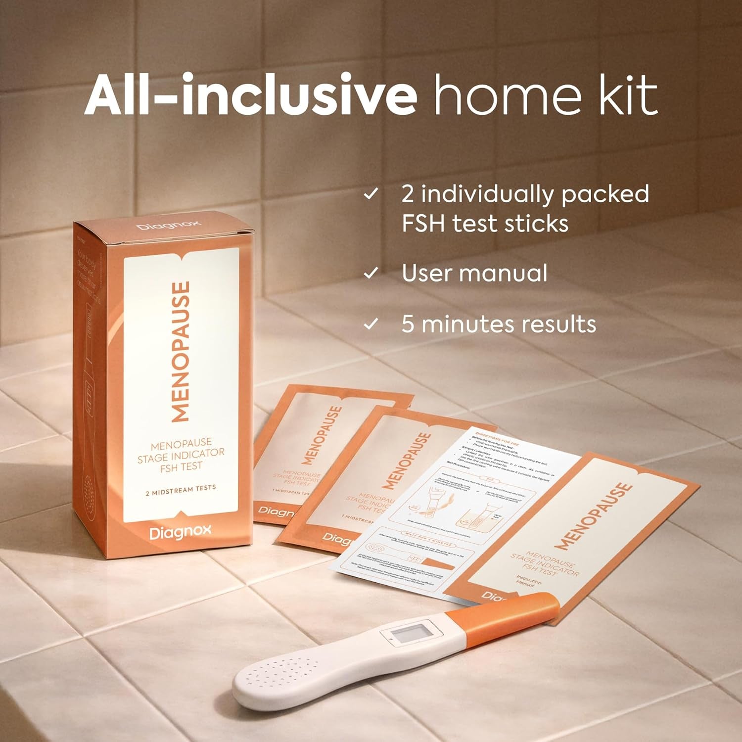 Diagnox Menopause Test Kit at Home, Midstream FSH Test Kit, 2 Pack | Fast Results in 5 Minutes, Private Testing at Home, Easy to Use, Longer Shelf Life